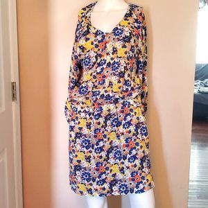 Q Mack floral print light weight long sleeve dress, M, blue and coral,pockets